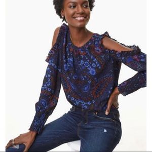 EUC LOFT Ruffle cold shoulder blue and purple paisley top size M